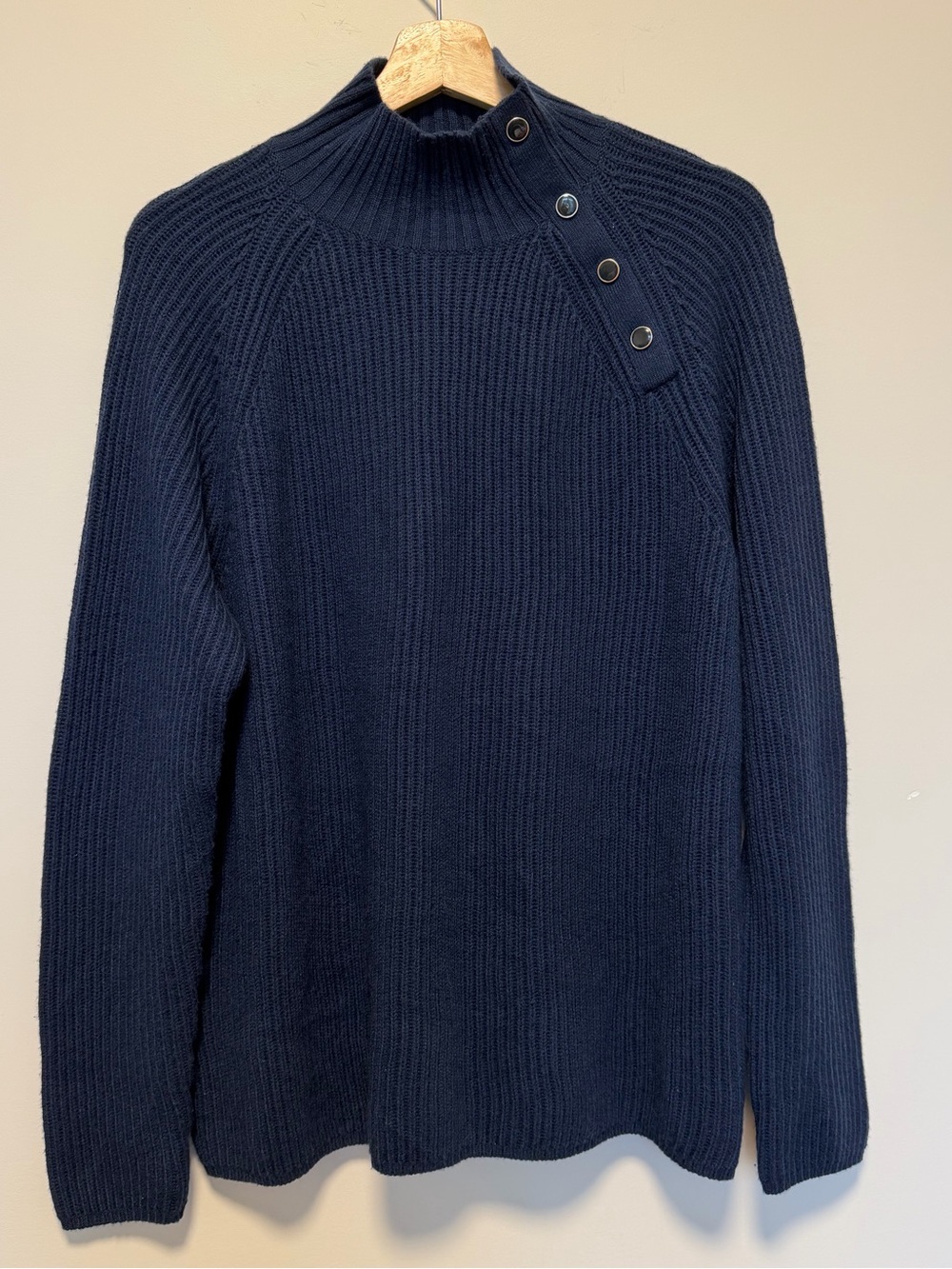 J. McLaughlin Women’s Navy Ribbed Button-Shoulder Sweater- wool blend